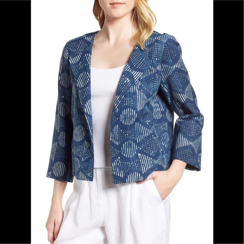 Eileen Fisher Indigo Hand Printed Organic Cotton Open Front Jacket